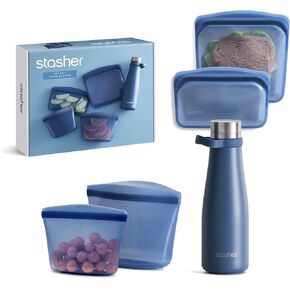 Stasher On-the-Go Boxed Starter Kit 5-Pack | أكياس تخزين الطعام القابلة لإعادة استخدام السيليكون القابلة لإعادة استخدامها ، أعماق المحيط | زجاجة ماء | حاويات السفر متعددة الاستخدامات | BPA مجاني ، خالي من التسرب ، غسالة الصحون آمنة ، صديقة للبيئة