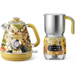 Hazel Quinn Retro Electric Tea Kettle & Milk Frother Set - 1.7L Stainless Steel Electric Kettle with Thermometer, 5-Function Frother for Hot & Cold Drinks