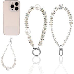 2pcs Rhinestones Phone Wrist Straps, Hands-Free Pearl Beaded Phone Wristlet Strap Detachable Cell Phone Case Charm Bracelet Chain with 2pcs Tether Tab for Wallet Camera Car Key