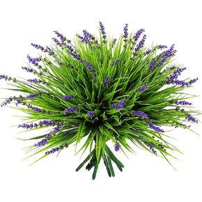 12 Bundles Artificial Grass Fake Plants，Outdoor Fake Monkey Grass with Flowers for Pot UV Resistant Patio Garden Porch Home Window Hanging Planter Decor Weddings Faux Plastic Shrubs