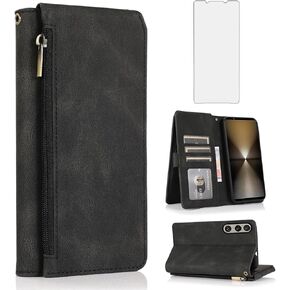 Compatible with Sony Xperia 1 VI (2024) Wallet Case Tempered Glass Screen Protector and Zipper Retro Leather Flip Cover Card Holder Stand Cell Accessories for 1VI 5G XQ-EC44 XQ-EC54 Women Men Red