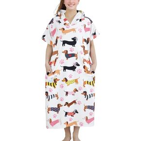 Dachshund Gifts for Women, Surf Poncho for Dachshund Lovers, Hooded Beach Towel Changing Robe, Portable Dressing Room for Surfing Summer Camping, Lightweight Quick Dry with Pockets-Full