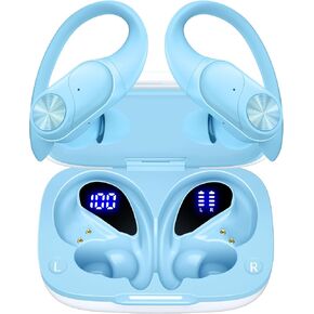 سماعات Pocbuds Bluetooth سماعات الأذن اللاسلكية 80 ساعة وقت الشحن اللاسلكي الشحن الشحن الرقمي عرض براعم الأذن الرياضية مع Earhook Deep Bass IPX7 مقاوم للماء أذن Over-ear لجهاز الكمبيوتر التلفزيوني المحمول الأزرق