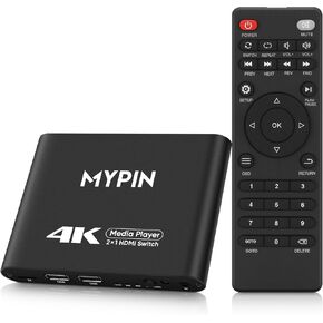 4K@30 Media Player with 2 in 1 Out HDMI Switch Function, 2 Port HDMI Switcher Splitter, Automatic Switch with Remote, Medie Player Supports Image, Music, Video Playback