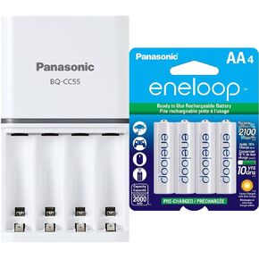 Panasonic BQ-CC55SBA Advanced eneloop Individual Rechargeable Battery 3 Hour Quick Charger & Panasonic BK-3MCCA4BA eneloop AA 2100 Cycle Ni-MH Pre-Charged Rechargeable Batteries, 4-Battery Pack