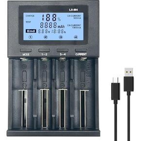 Smart Universal Charger, 4 Bay Smart with LCD Digital Display for: 3.7V Lithium Battery 26650 22650 26500 18650 18490 17670 17500 17355 16340 14500 10440, 1.2v Ni-MH Battery AA AAA C SC
