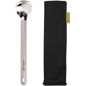 Titanium Ultralight Long Handle Spork ، 9 بوصات طويلة مع وعاء مصقول ، للتخييم ، المشي لمسافات طويلة ، حقائب الظهر ، قوية إضافية ، متينة وخفيفة الوزن - مع حالة الرباط