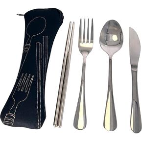 Travel Utensils with Case, 5 PCS Travel Silverware Set, Portable Stainless-Steel Cutlery Set for Work, Fork & Spoon Set for Travel, Camping, Picnic, Gadgets, Lunch Box