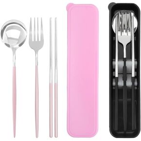 JEPELUS 2 Pcs Chopsticks Fork Spoon Sets with Case, Safe Stainless Steel Pink Black Silverware Set Picnic Camping School Lunch, Portable Reusable Travel Cutlery Flatware Utensils Set Dishwasher Safe