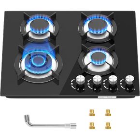Gas Stove Top 23x20 Inch, Built-in Gas Cooktop 4 Burner, Dual Burners Propane Cooktop NG/LPG Convertible,Gas Cooktop with Thermocouple Protection for Cooking, Black Tempered Glass, 27400BTU