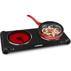 Double Burner, CUSIMAX Electric Hot Plate for Cooking, 1800W Infrared Burner, Portable Countertop Cooktop, Adjustable Temperature Control, Stainless Steel, Compatible of all Cookware