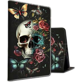 Case for 7" Kindle Paperwhite 12th Gen 2024 Released & Kindle Colorsoft Signature Edition Shockproof PU Leather Stand Cover with Auto Sleep/Wake,Butterfly Skull Flower