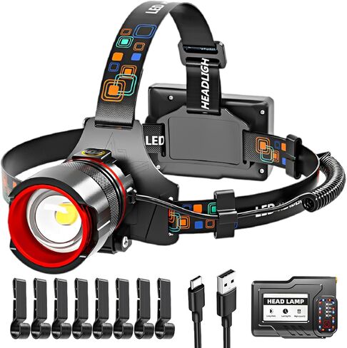 Headlamp Rechargeable, 900,000 Lumen Bright 6 Modes IPX7 Waterproof LED Hard Hat Light, 90° Adjustable Zoomable & Sensorable, 12H Long Lasting Forehead Headlights for Running, Hunting, Camping, Black in Saudi Arabia