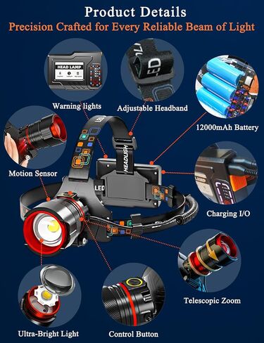Headlamp Rechargeable, 900,000 Lumen Bright 6 Modes IPX7 Waterproof LED Hard Hat Light, 90° Adjustable Zoomable & Sensorable, 12H Long Lasting Forehead Headlights for Running, Hunting, Camping, Black in Saudi Arabia