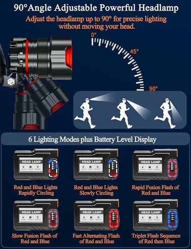 Headlamp Rechargeable, 900,000 Lumen Bright 6 Modes IPX7 Waterproof LED Hard Hat Light, 90° Adjustable Zoomable & Sensorable, 12H Long Lasting Forehead Headlights for Running, Hunting, Camping, Black in Saudi Arabia