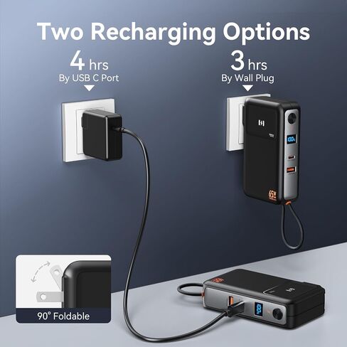 Power Bank with AC Wall Plug 65W, Fast Charging Portable Charger with Built-in USB-C Cable 35W, 10,000mAh LED Display Battery Pack Compatible with iPhone Series, Samsung, MacBook, Laptop in Saudi Arabia
