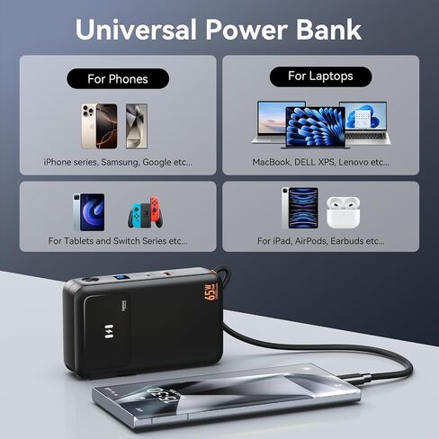 Power Bank with AC Wall Plug 65W, Fast Charging Portable Charger with Built-in USB-C Cable 35W, 10,000mAh LED Display Battery Pack Compatible with iPhone Series, Samsung, MacBook, Laptop in Saudi Arabia