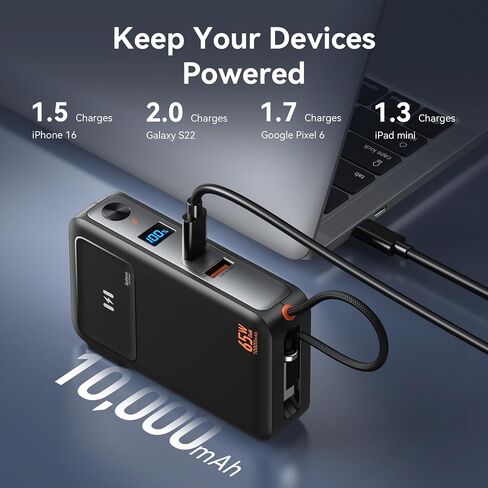 Power Bank with AC Wall Plug 65W, Fast Charging Portable Charger with Built-in USB-C Cable 35W, 10,000mAh LED Display Battery Pack Compatible with iPhone Series, Samsung, MacBook, Laptop in Saudi Arabia