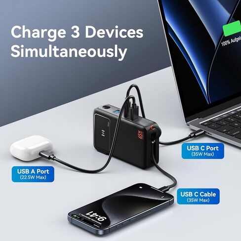 Power Bank with AC Wall Plug 65W, Fast Charging Portable Charger with Built-in USB-C Cable 35W, 10,000mAh LED Display Battery Pack Compatible with iPhone Series, Samsung, MacBook, Laptop in Saudi Arabia