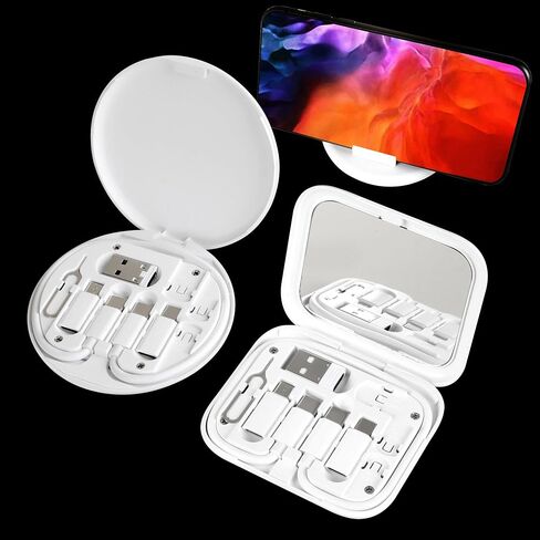 evron USB Adapter Multi Charging Cable Case 2pc Set, Micro USB Cable Gadgets Box with Phone Kickstand, USB C to Micro USB, Type C to iOS Device,Data Transfer,SIM Card Pin (White(Disc+Mirror)) in Saudi Arabia