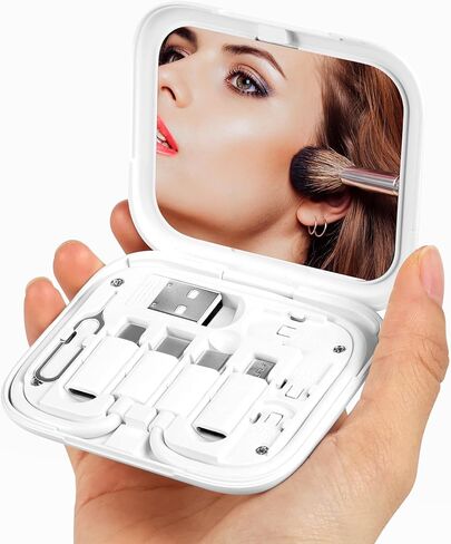 evron USB Adapter Multi Charging Cable Case 2pc Set, Micro USB Cable Gadgets Box with Phone Kickstand, USB C to Micro USB, Type C to iOS Device,Data Transfer,SIM Card Pin (White(Disc+Mirror)) in Saudi Arabia