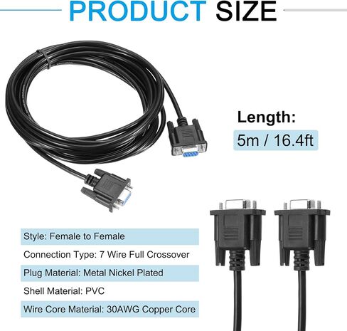 MECCANIXITY 16.4 ft DB9 RS232 Serial Extension Cable Female to Female Null Modem Cord Full Hand Shaking Crossover for Data Communication, Black in Saudi Arabia
