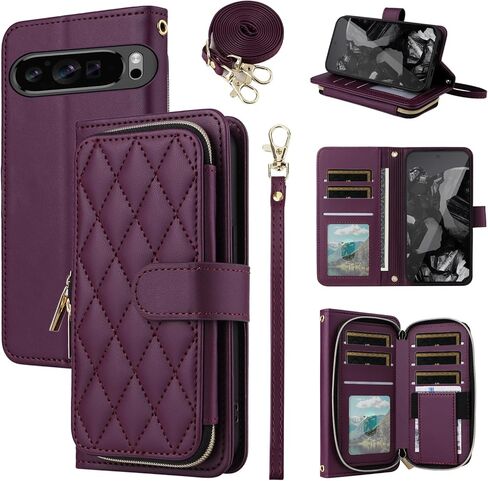 Argyle Wallet Case for Google Pixel 9/9 Pro 5G with Wrist Strap Shoulder Strap, 9+ Card Slots Zipper Purse Luxury PU Leather Stand Checkered Cell Phone Cover for Pixel9 9Pro Nine Purple in Saudi Arabia