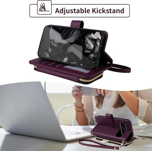 Argyle Wallet Case for Google Pixel 9/9 Pro 5G with Wrist Strap Shoulder Strap, 9+ Card Slots Zipper Purse Luxury PU Leather Stand Checkered Cell Phone Cover for Pixel9 9Pro Nine Purple in Saudi Arabia