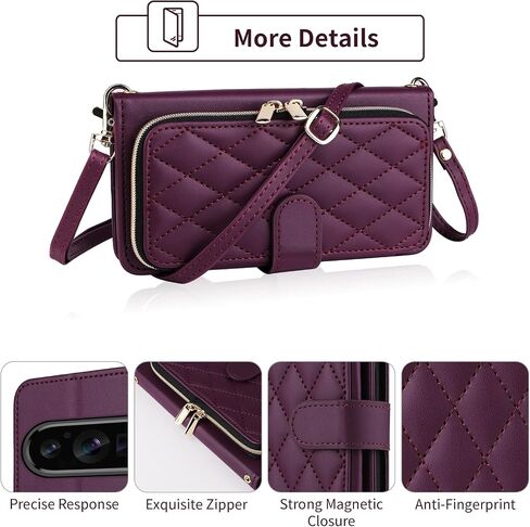 Argyle Wallet Case for Google Pixel 9/9 Pro 5G with Wrist Strap Shoulder Strap, 9+ Card Slots Zipper Purse Luxury PU Leather Stand Checkered Cell Phone Cover for Pixel9 9Pro Nine Purple in Saudi Arabia