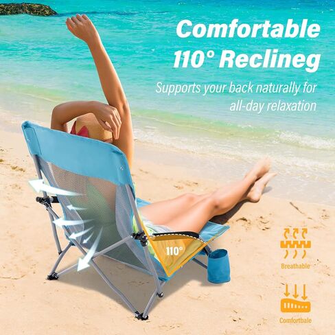 Homcosan Portable Low Folding Beach Chairs Set of 2 - Lightweight Camping Chairs for Adults with Cup Holder & Storage Pockets, Carry Bag Included (Blue) in Saudi Arabia