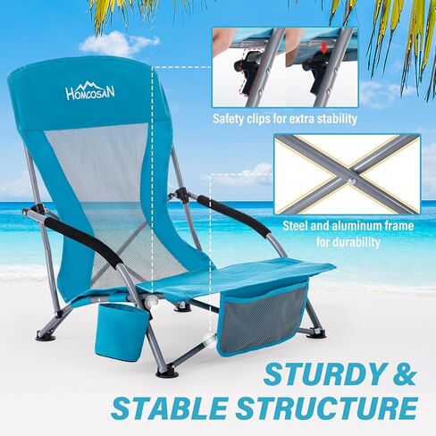 Homcosan Portable Low Folding Chairs مجموعة من 2 - كراسي التخييم خفيفة الوزن للبالغين مع حامل الكأس وجيوب التخزين ، حقيبة تحمل (أزرق) in Kuwait