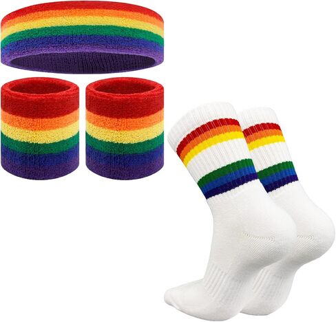 Unisex Striped Sweatbands Wristbands & Crew Sock Set, Vintage 70s 80s Party Sports Workout Costume Accessories in Saudi Arabia