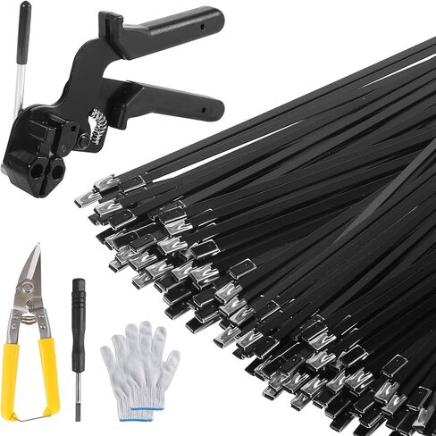 300 PCS 11.8 Inch Metal Zip Ties, Stainless Steel Cable Tie Gun Set, Heavy Duty Self-locking Cable Ties Adjustable Metal Zip Ties Tool Kit for Machinery Exhaust Wrap Pipes Cables Fence (Black) in Kuwait