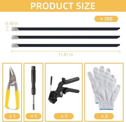 300 PCS 11.8 Inch Metal Zip Ties, Stainless Steel Cable Tie Gun Set, Heavy Duty Self-locking Cable Ties Adjustable Metal Zip Ties Tool Kit for Machinery Exhaust Wrap Pipes Cables Fence (Black) in Kuwait