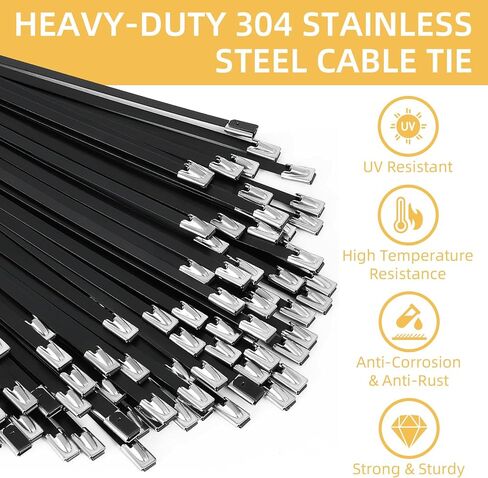 300 PCS 11.8 Inch Metal Zip Ties, Stainless Steel Cable Tie Gun Set, Heavy Duty Self-locking Cable Ties Adjustable Metal Zip Ties Tool Kit for Machinery Exhaust Wrap Pipes Cables Fence (Black) in Kuwait