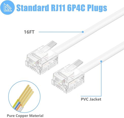 RJ11 6P4C Phone Extension Cord, 1Pack 16 Feet Phone Cable, White Telephone Line Cord, Telephone Wire for Office or Home in Saudi Arabia