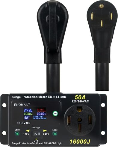 RV 50 Amp Surge Protector AC Power Meter,16000Joules 240V NEMA 14-50P LCD Dispaly KWH,Voltage Monitor with LED Display,10AWG Cable in Saudi Arabia
