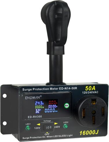 RV 50 Amp Surge Protector AC Power Meter,16000Joules 240V NEMA 14-50P LCD Dispaly KWH,Voltage Monitor with LED Display,10AWG Cable in Saudi Arabia