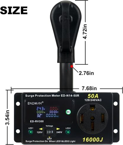 RV 50 Amp Surge Protector AC Power Meter,16000Joules 240V NEMA 14-50P LCD Dispaly KWH,Voltage Monitor with LED Display,10AWG Cable in Saudi Arabia