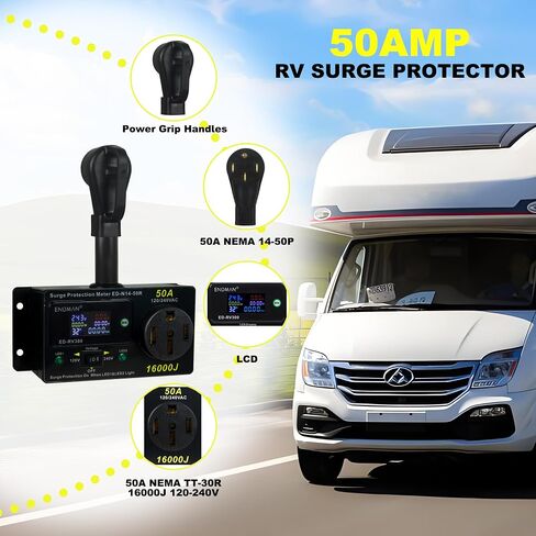 RV 50 Amp Surge Protector AC Power Meter,16000Joules 240V NEMA 14-50P LCD Dispaly KWH,Voltage Monitor with LED Display,10AWG Cable in Saudi Arabia