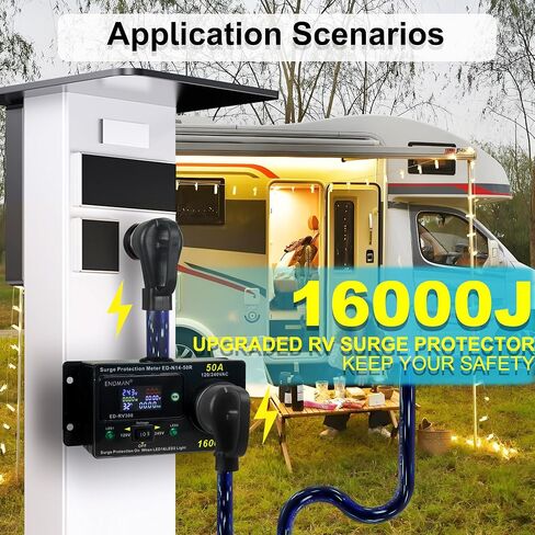 RV 50 Amp Surge Protector AC Power Meter,16000Joules 240V NEMA 14-50P LCD Dispaly KWH,Voltage Monitor with LED Display,10AWG Cable in Saudi Arabia