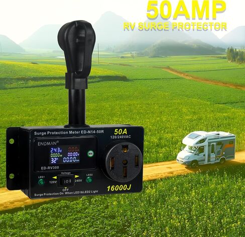 RV 50 Amp Surge Protector AC Power Meter,16000Joules 240V NEMA 14-50P LCD Dispaly KWH,Voltage Monitor with LED Display,10AWG Cable in Saudi Arabia
