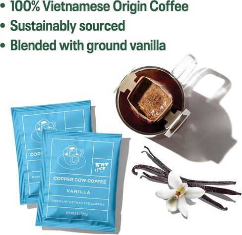Copper Cow Premium Vietnamese Coffee | الكلاسيكية ، الفانيليا ، الكراميل المملحة لاتيه | صب فوق خدمة واحدة | يشمل 15 قهوة و 15 كريمات in Saudi Arabia