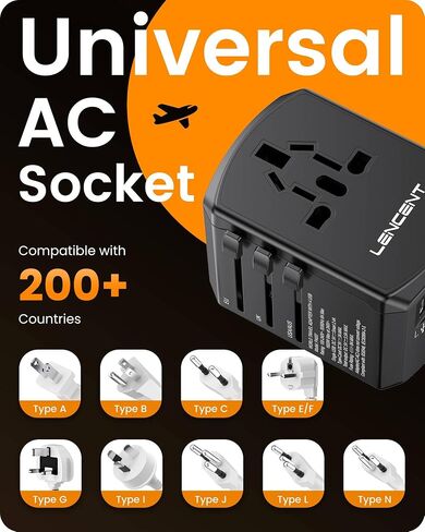 LENCENT Universal Travel Adapter, International Charger with 3 USB Ports and Type-C PD Fast Charging Adaptor for iPhone, Samsung, Tablet, Gopro. for Over 200 Countries (White) in Saudi Arabia