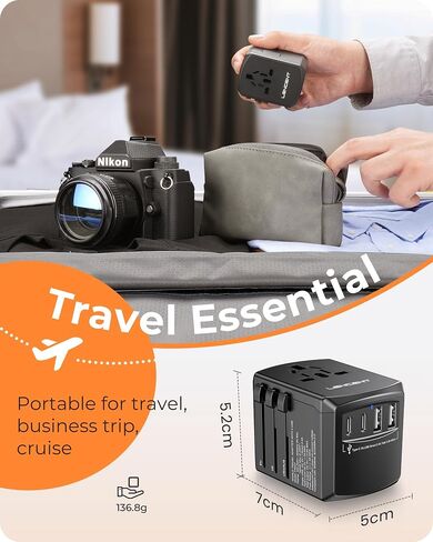 LENCENT Universal Travel Adapter, International Charger with 3 USB Ports and Type-C PD Fast Charging Adaptor for iPhone, Samsung, Tablet, Gopro. for Over 200 Countries (White) in Saudi Arabia