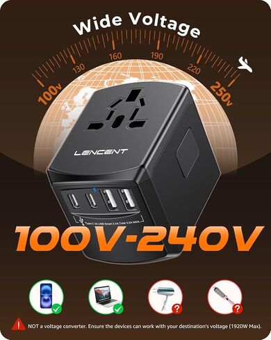 LENCENT Universal Travel Adapter, International Charger with 3 USB Ports and Type-C PD Fast Charging Adaptor for iPhone, Samsung, Tablet, Gopro. for Over 200 Countries (White) in Saudi Arabia