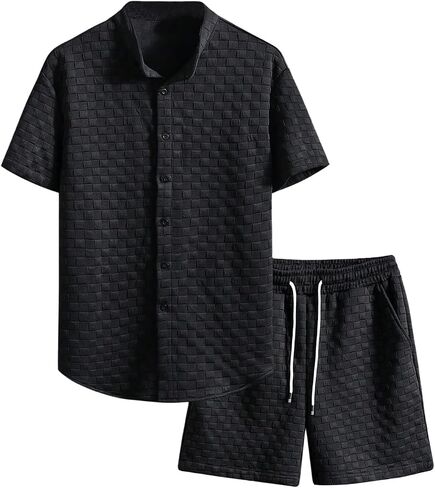 GORGLITTER Men's Vacation Sets Short Sleeve Button Down Shirt and Textured Short Set in Saudi Arabia
