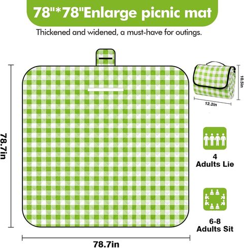 78.7''x78.7 '' بطانيات شاطئية كبيرة للنزهة ، 3 طبقات منقوشة مقاومة للماء قابلة للطي ، حصيرة محمولة الكل في واحد ، مناسبة للحديقة ، التخييم ، داخلي في الهواء الطلق ، الأخضر in Kuwait