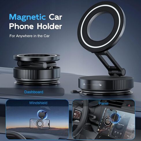 Magnetic Car Phone Mount for Magsafe, Durable Metal Vacuum Suction Cup Phone Holder, 360°Adjustable & Pocket Size Foldable for All Smartphones & All Car Models, Black in Saudi Arabia
