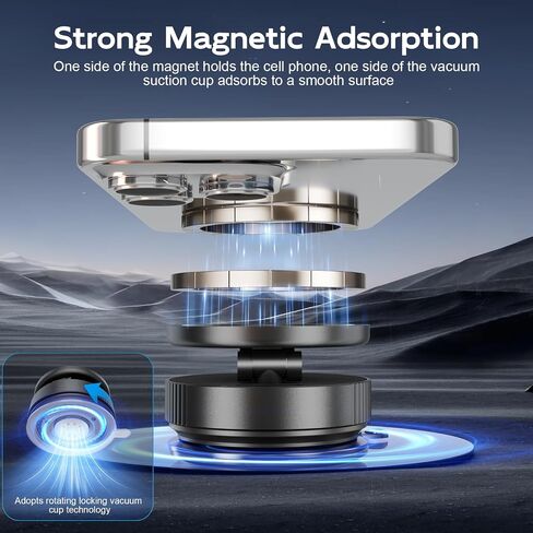 Magnetic Car Phone Mount for Magsafe, Durable Metal Vacuum Suction Cup Phone Holder, 360°Adjustable & Pocket Size Foldable for All Smartphones & All Car Models, Black in Saudi Arabia